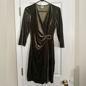 Anne Klein Velvet Twist-Knot Sheath Dress in Olive Green